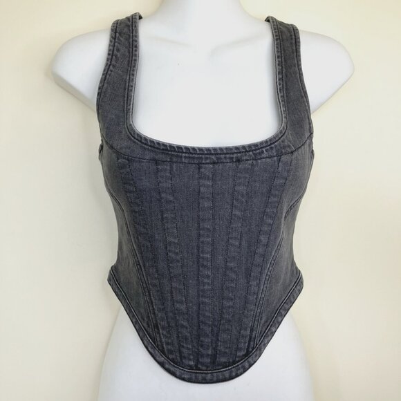 Pinko Denim Bustier Corset Crop Top Sleeveless Back Zip Fitted Vest Grey Size 2 - Picture 1 of 7